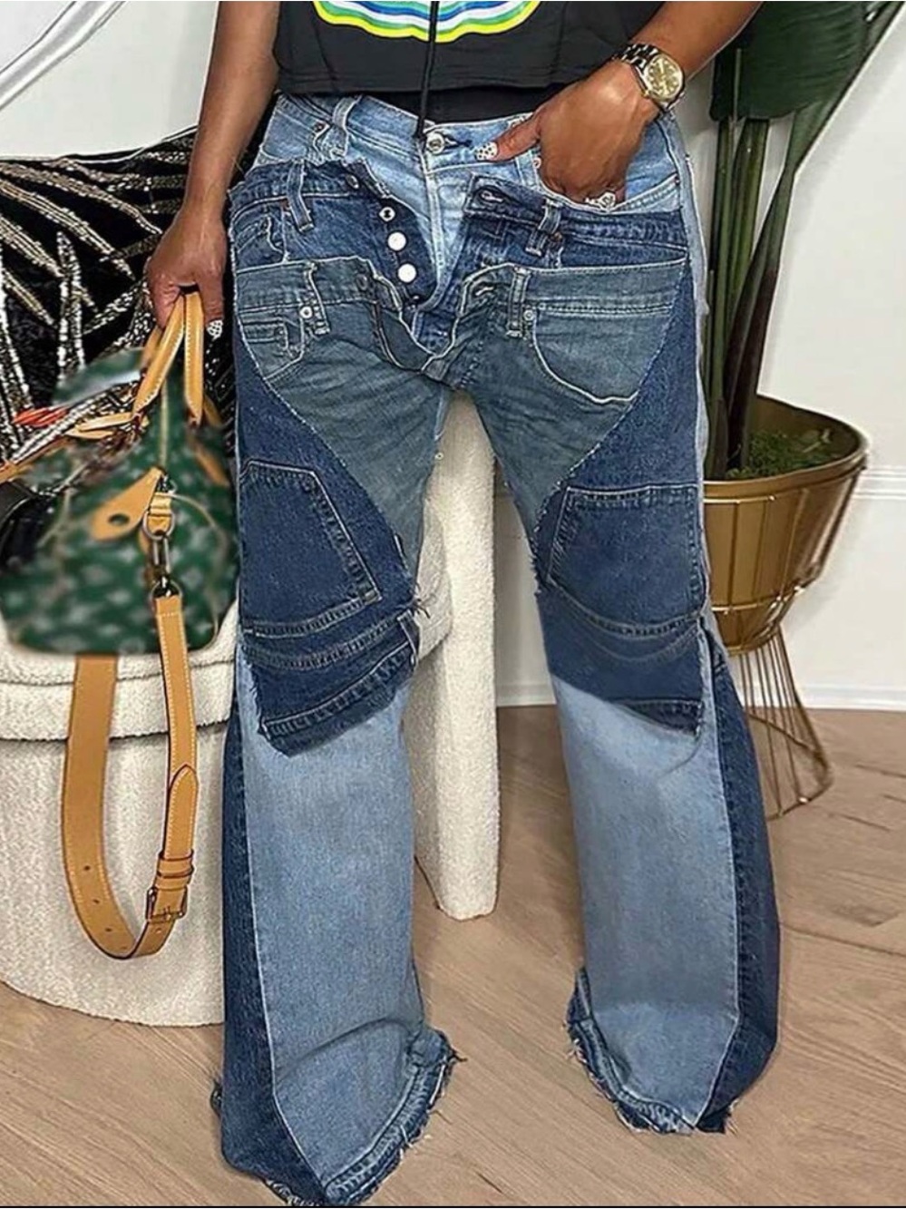 Patchwork Wide-Leg Women Jeans - Blue Denim